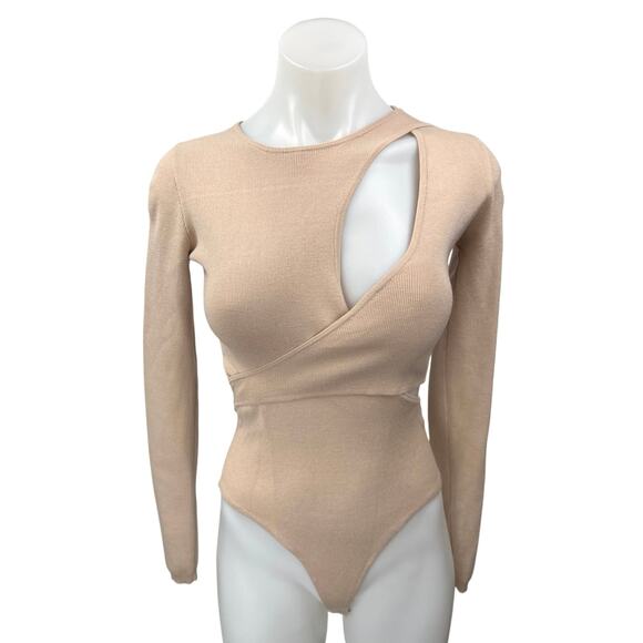 ASTR The Label Women's Beige Nude Knit Long Sleeve Cutout Bodysuit Top Size XS - Picture 1 of 5
